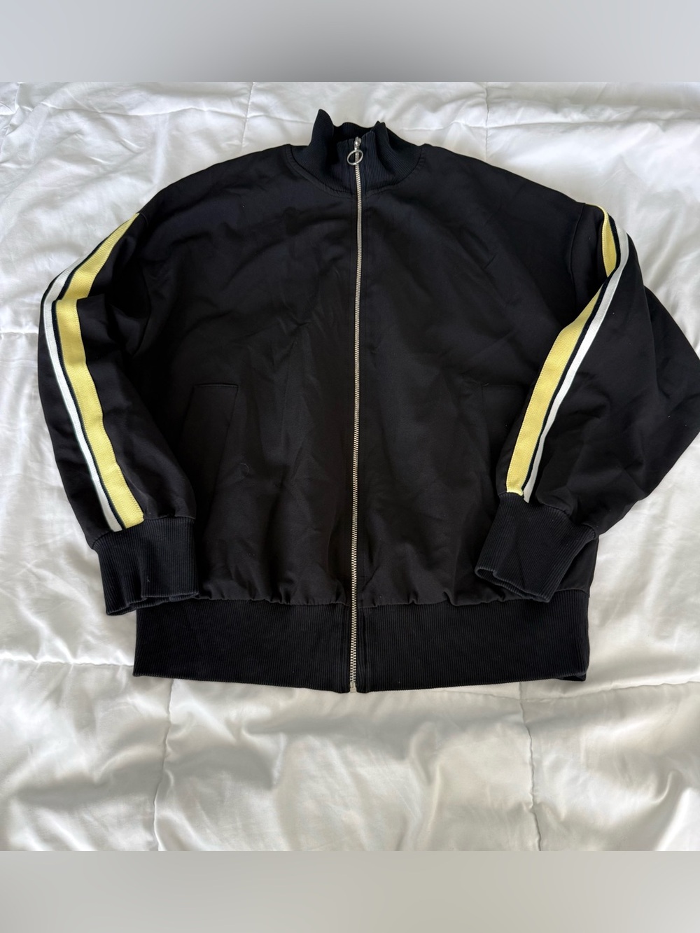 Zara Black Bomber Jacket with Yellow Sleeve Stripes